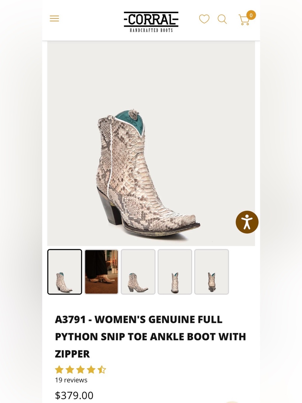 Corral A3791 Genuine Python Snip Toe Western Ankle Boots Size 8.5